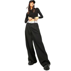 Boohoo pants reverse waistband tailored wide leg black white lightweight 14 NWT